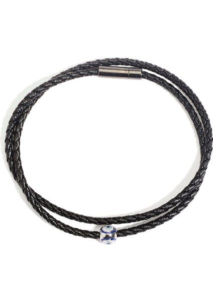 Mini Evil Eye Siyah Örgü Deri Erkek Bileklik