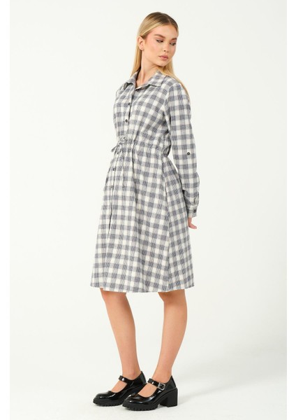 Hamile Uzun Kollu Ara Boy Ekose Elbise Lacivert