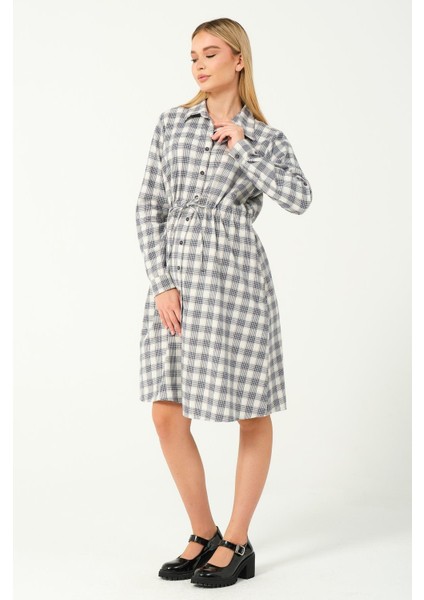 Hamile Uzun Kollu Ara Boy Ekose Elbise Lacivert modelleri