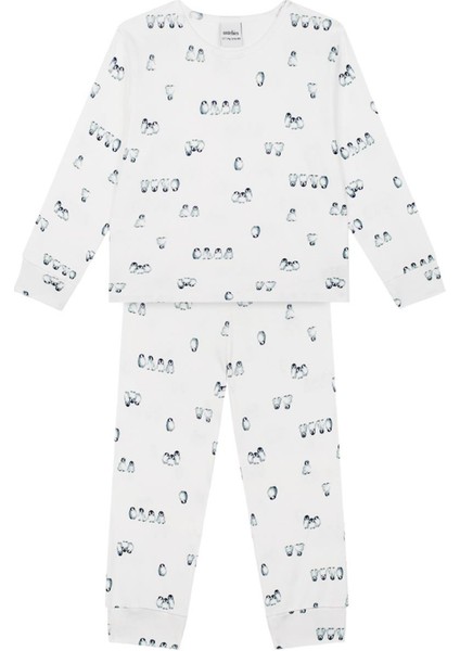 Penguen Adası Beyaz Uzun Kollu Erkek Çocuk Pijama Takımı