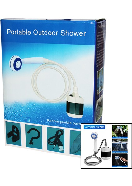 Portable Outdoor Shower Su-Pmp Şarjlı Taşinabilir - Seyyar Duş Seti Pompa - Hortum - D.başlık (4401)