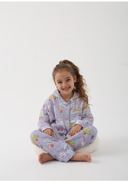 Lila Unisex Çocuk Organik Pamuk Pijama Takımı