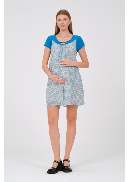 Hamile Kısa Kollu Blok Renk Elbise Mavi