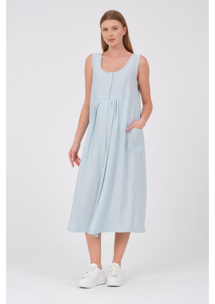 Hamile Sıfır Kol Önden Düğmeli Yandan Cepli Midi Boy Elbise Mintyeşili