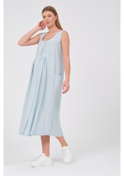 Hamile Sıfır Kol Önden Düğmeli Yandan Cepli Midi Boy Elbise Mintyeşili fiyatları