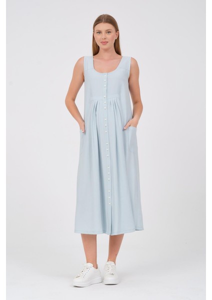 Hamile Sıfır Kol Önden Düğmeli Yandan Cepli Midi Boy Elbise Mintyeşili modelleri