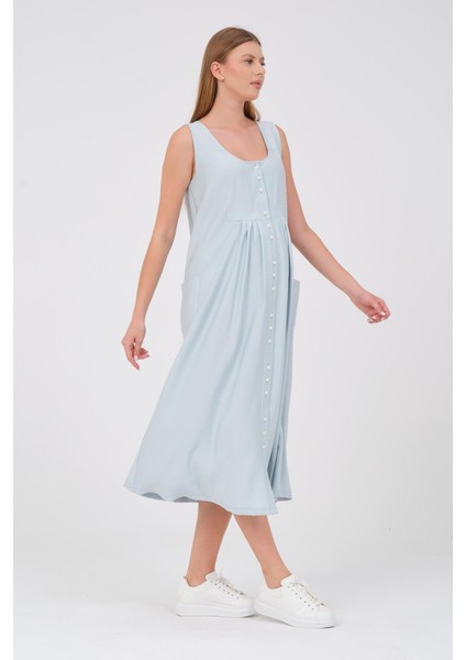 Hamile Sıfır Kol Önden Düğmeli Yandan Cepli Midi Boy Elbise Mintyeşili fırsatları