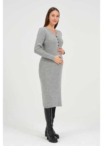 Hamile Midi Boy V Yaka Düğmeli Triko Elbise Gri