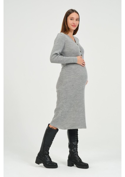 Hamile Midi Boy V Yaka Düğmeli Triko Elbise Gri modelleri