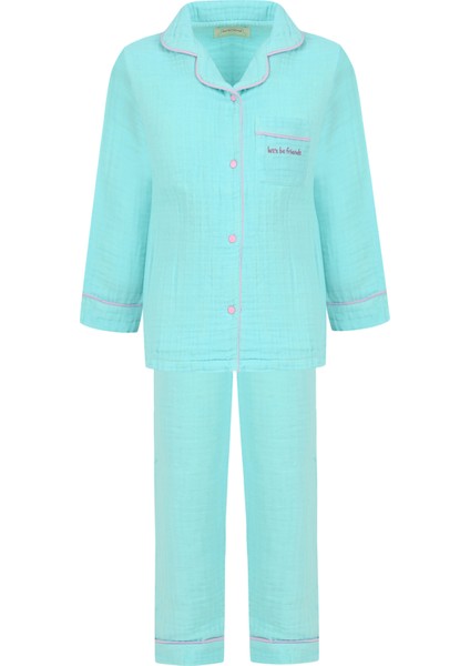 Turkuaz Unisex Çocuk Organik Pamuk Pijama Takımı
