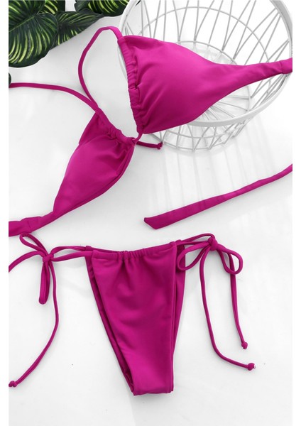Kadın Fuşya Yandan Bağlamalı Tangalı Üçgen Bikini Mayo Takımı modelleri
