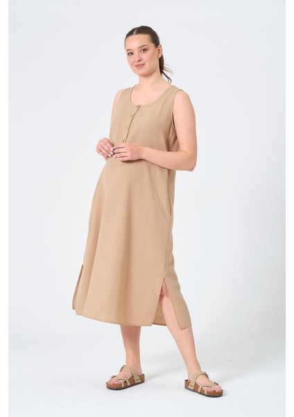 Hamile Sıfır Kollu Yandan Yırtmaçlı Midi Boy Elbise Açık Kahve modelleri