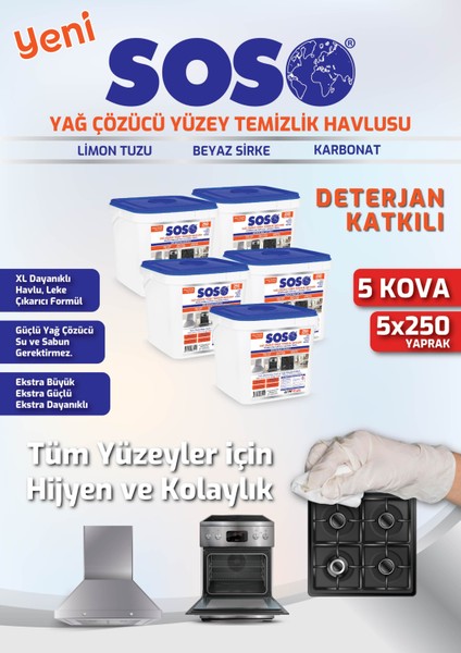5 Adet x 250 Yaprak - Soso Özel Formüllü Kova Yağ Çözücü Yüzey Temizleme Mendili Gnzrz