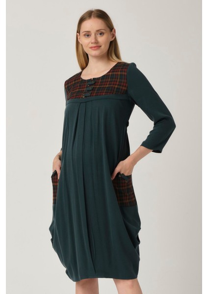 Hamile Roba Düğmeli Ekose Yaka Pileli Yan Cepli Yeşil