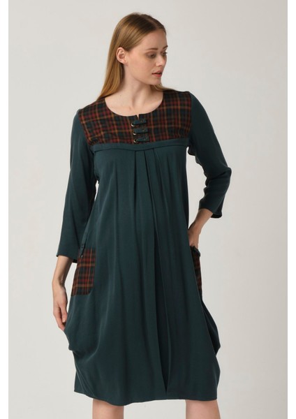 Hamile Roba Düğmeli Ekose Yaka Pileli Yan Cepli Yeşil modelleri