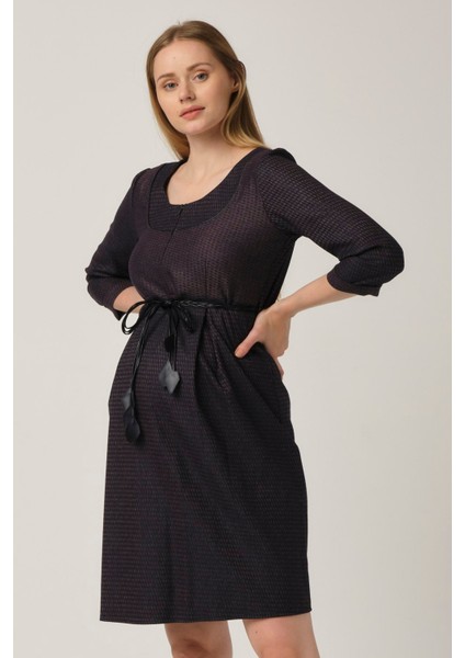 Hamile Önden Fermuarlı Kemerli Elbise Mor