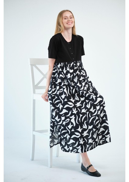 Hamile Kısa Kollu Bisiklet Yaka Midi Boy Desenli Elbise Siyah