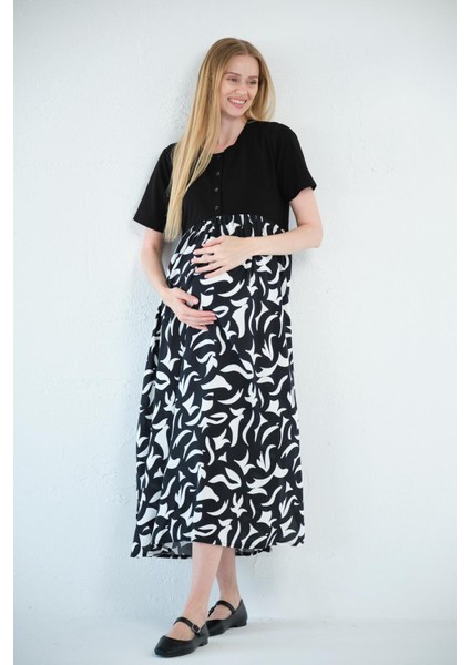 Hamile Kısa Kollu Bisiklet Yaka Midi Boy Desenli Elbise Siyah fiyatları