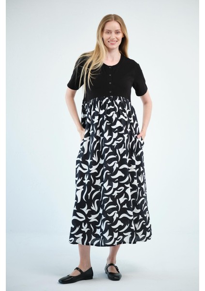Hamile Kısa Kollu Bisiklet Yaka Midi Boy Desenli Elbise Siyah indirimleri