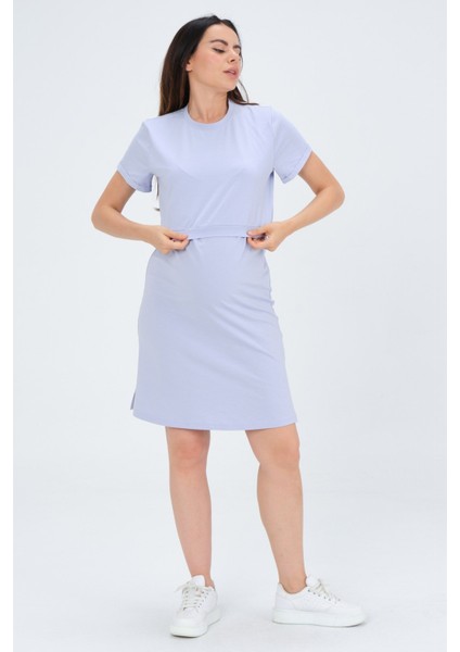 Hamile Emzirme Detaylı Yan Yırtmaçlı Kısa Kollu Penye Elbise Lila