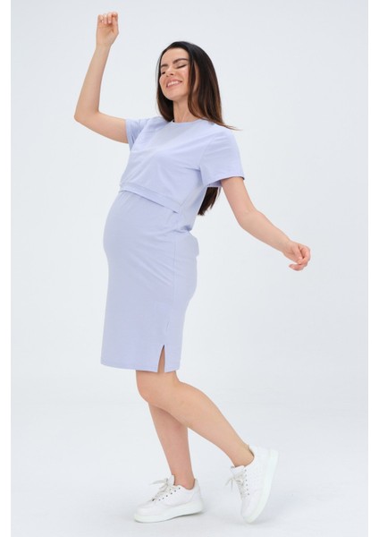 Hamile Emzirme Detaylı Yan Yırtmaçlı Kısa Kollu Penye Elbise Lila fiyatları