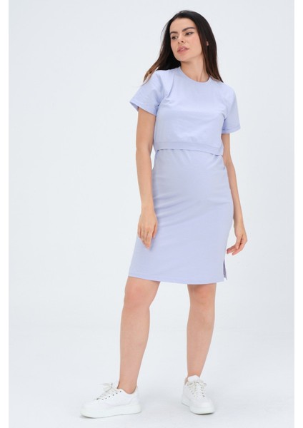 Hamile Emzirme Detaylı Yan Yırtmaçlı Kısa Kollu Penye Elbise Lila modelleri