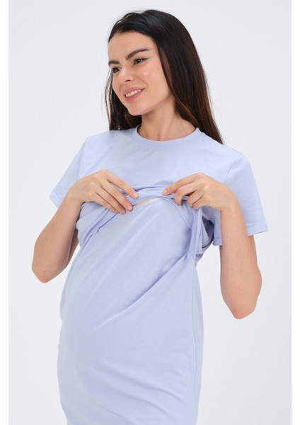 Hamile Emzirme Detaylı Yan Yırtmaçlı Kısa Kollu Penye Elbise Lila fırsatları