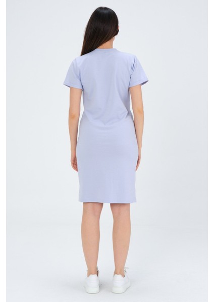 Hamile Emzirme Detaylı Yan Yırtmaçlı Kısa Kollu Penye Elbise Lila indirimleri