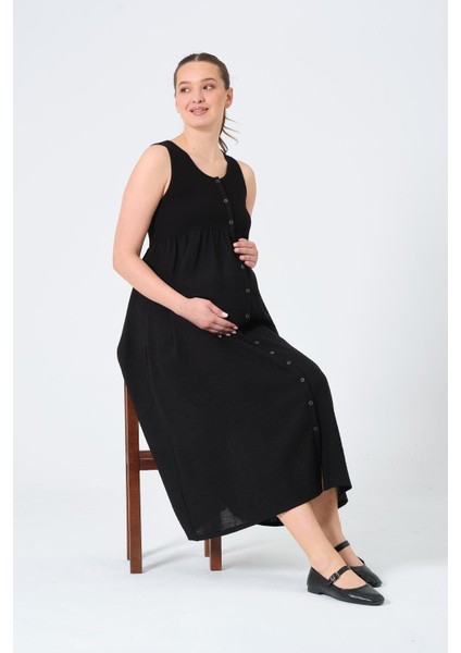 Hamile Sıfır Kol Yandan Cepli Midi Boy Keten Elbise Siyah