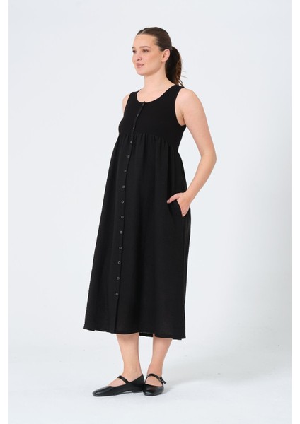 Hamile Sıfır Kol Yandan Cepli Midi Boy Keten Elbise Siyah fiyatları