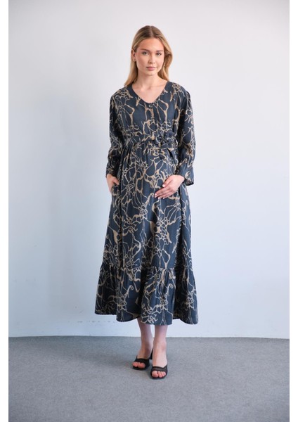 Hamile Bisiklet Yaka Desenli Uzun Elbise Lacivert fiyatları