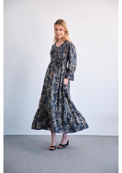 Hamile Bisiklet Yaka Desenli Uzun Elbise Lacivert modelleri