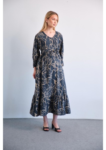 Hamile Bisiklet Yaka Desenli Uzun Elbise Lacivert fırsatları