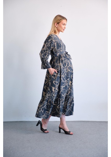 Hamile Bisiklet Yaka Desenli Uzun Elbise Lacivert indirimleri