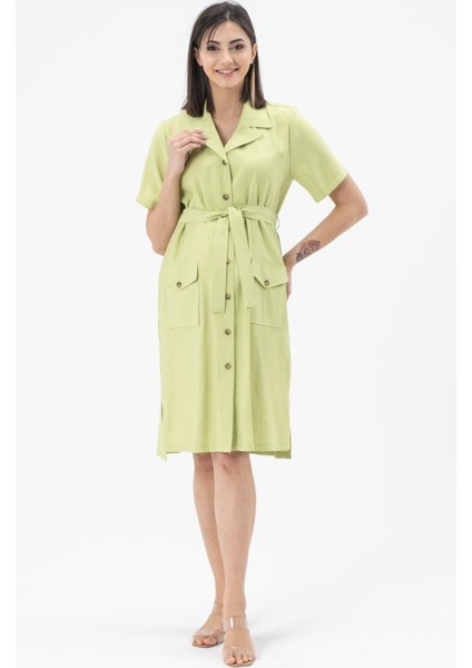 Hamile Kuşaklı Önden Cepli Kısa Kollu Elbise Fıstık Yeşili