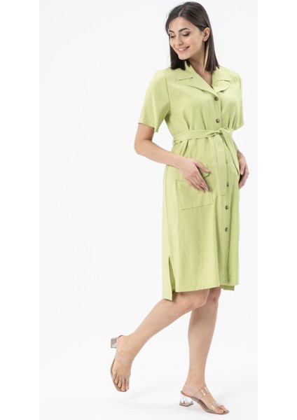 Hamile Kuşaklı Önden Cepli Kısa Kollu Elbise Fıstık Yeşili fiyatları