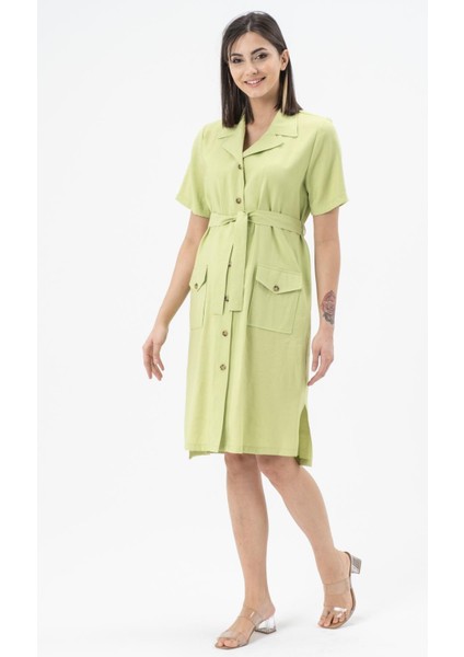 Hamile Kuşaklı Önden Cepli Kısa Kollu Elbise Fıstık Yeşili modelleri