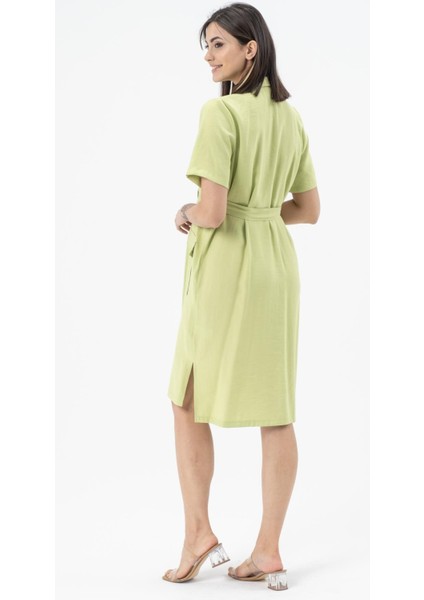 Hamile Kuşaklı Önden Cepli Kısa Kollu Elbise Fıstık Yeşili fırsatları