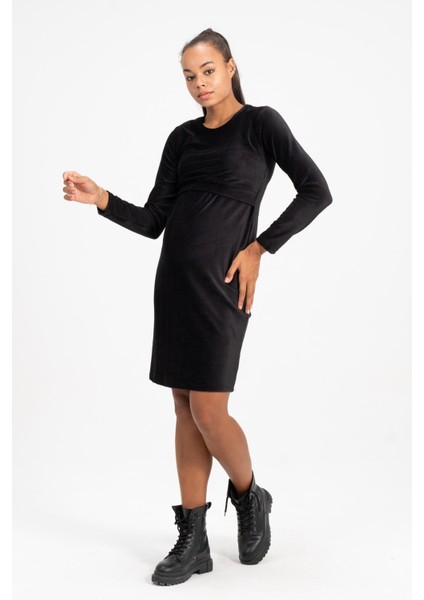 Hamile Önden Emzirme Detaylı Kadife Elbise Siyah fiyatları
