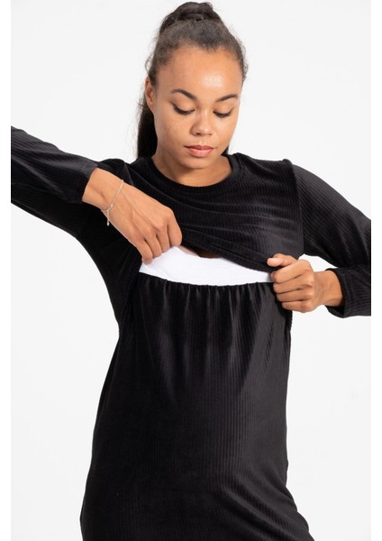 Hamile Önden Emzirme Detaylı Kadife Elbise Siyah modelleri