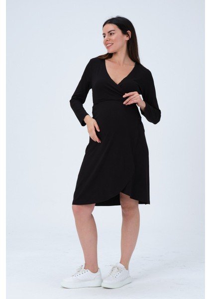 Hamile Önden Bağcıklı Kolay Giyilebilir Uzun Kollu Penye Elbise Siyah modelleri