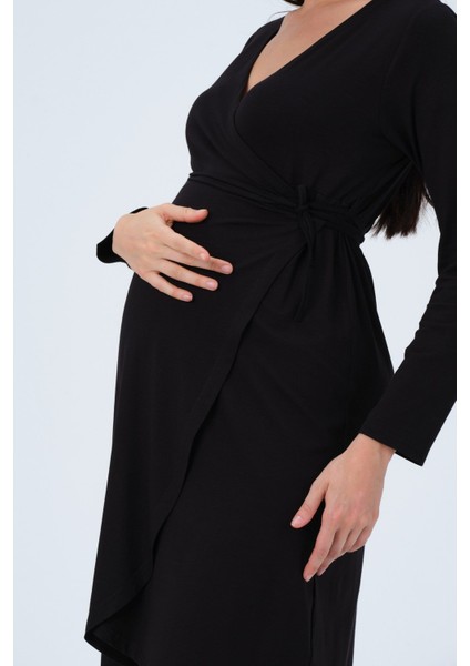 Hamile Önden Bağcıklı Kolay Giyilebilir Uzun Kollu Penye Elbise Siyah fırsatları