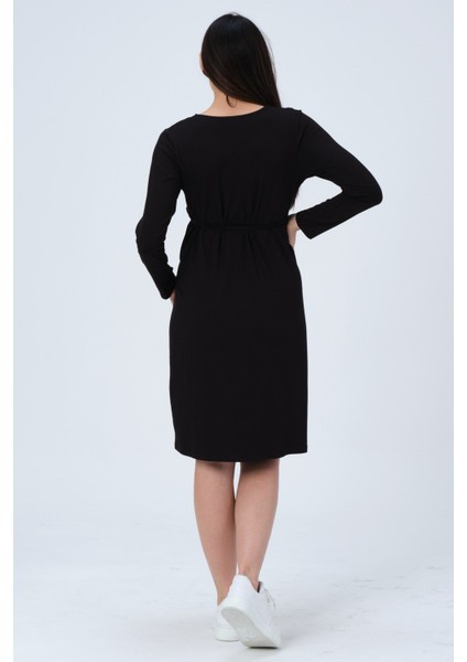 Hamile Önden Bağcıklı Kolay Giyilebilir Uzun Kollu Penye Elbise Siyah indirimleri