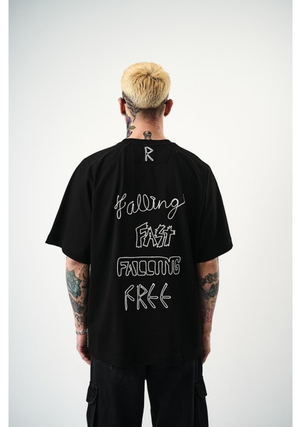Erkek Fast Nakışlı Oversize T-Shirt Siyah