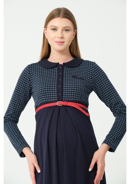 Hamile Yakalı Belden Kemerli Uzun Kollu Ara Boy Elbise Lacivert