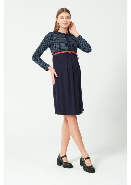 Hamile Yakalı Belden Kemerli Uzun Kollu Ara Boy Elbise Lacivert fiyatları