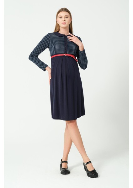 Hamile Yakalı Belden Kemerli Uzun Kollu Ara Boy Elbise Lacivert modelleri