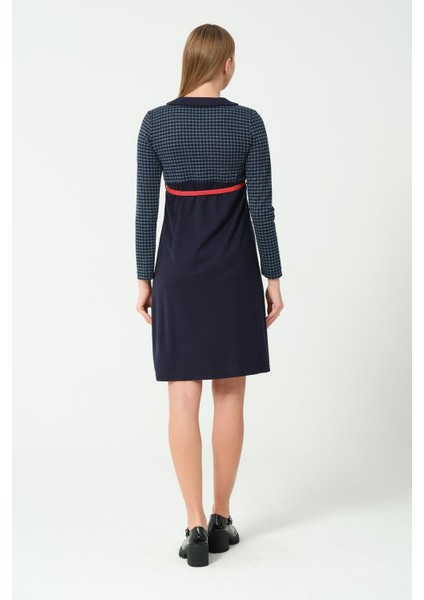 Hamile Yakalı Belden Kemerli Uzun Kollu Ara Boy Elbise Lacivert indirimleri