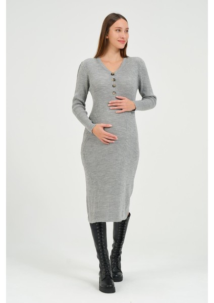 Hamile Midi Boy V Yaka Düğmeli Triko Elbise Gri fiyatları