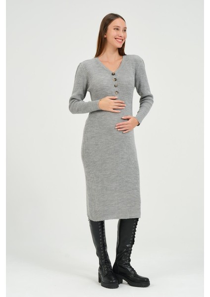 Hamile Midi Boy V Yaka Düğmeli Triko Elbise Gri fırsatları